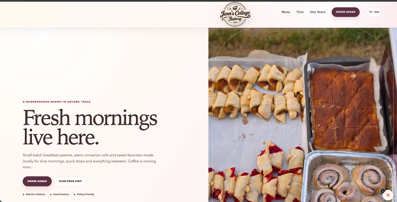 The redesigned Jenn’s Cottage Bakery homepage shown on a desktop screen