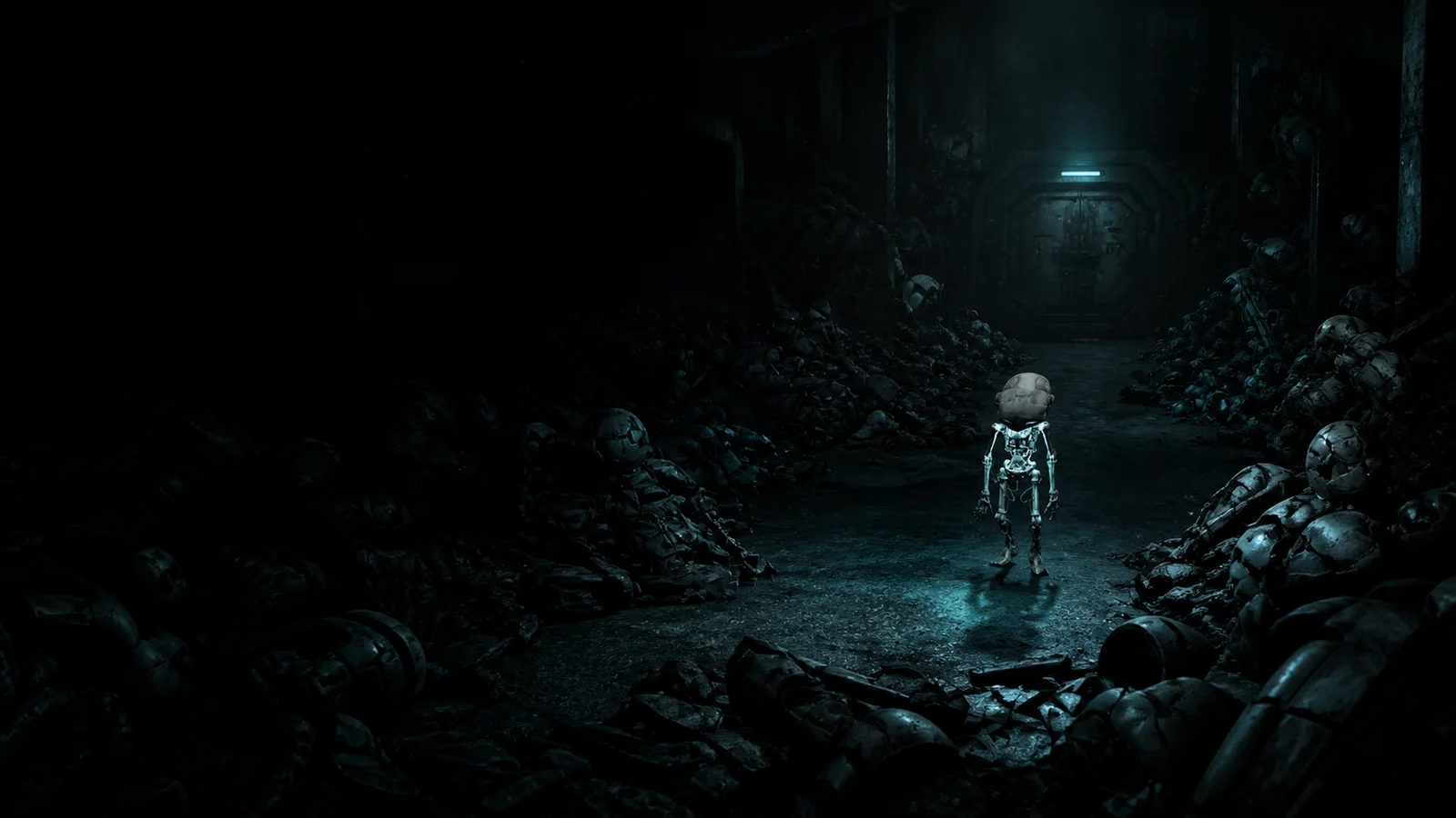 NYX standing in a dark corridor filled with discarded machines