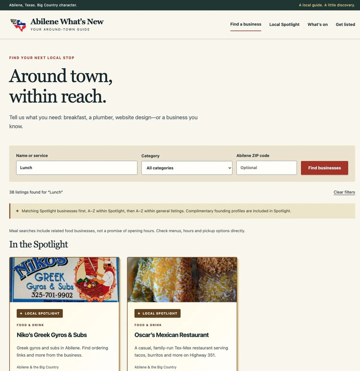 A Lunch search showing category and ZIP filters, a clear Spotlight-first explanation and matching local businesses