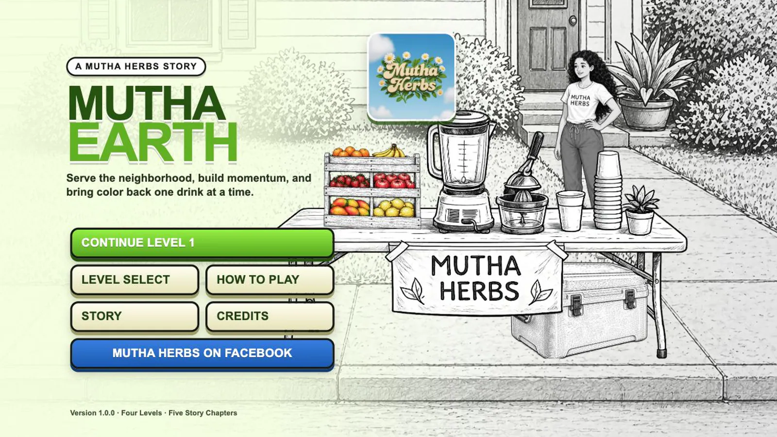 Mutha Earth game home screen with a colorful juice bar, fresh fruit and start button