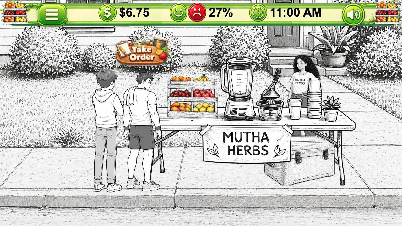 Mutha Earth level one showing a customer order and colorful ingredient station