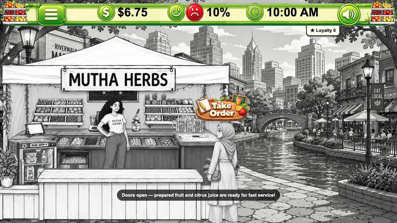 Mutha Earth River Walk level with an outdoor juice stand and San Antonio-inspired scenery