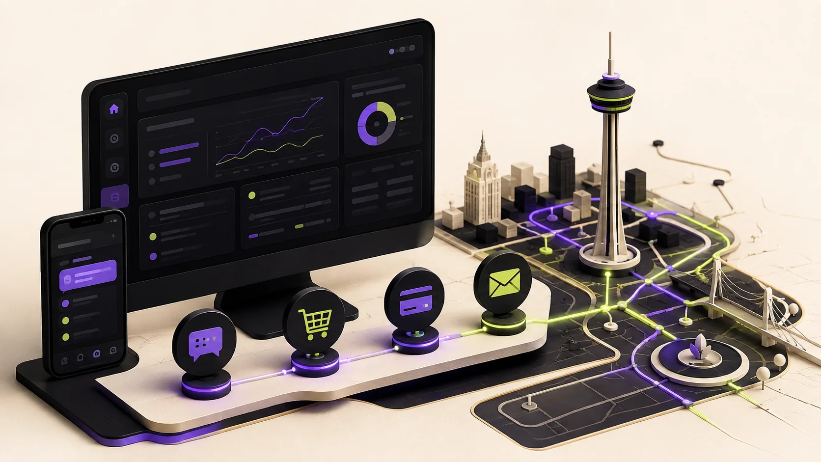 Small-business automation dashboard connected to a stylized San Antonio city map