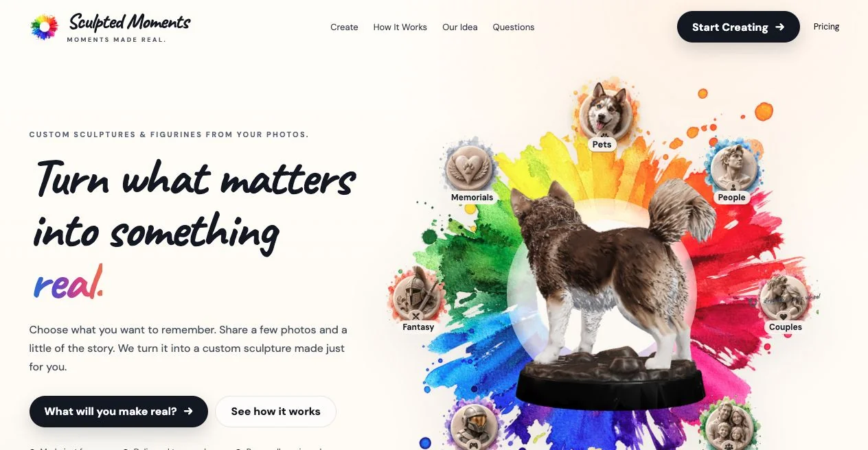 Sculpted Moments homepage with a watercolor category wheel, 3D pet sculpture preview and a clear start-creating button