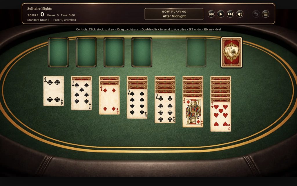 Solitaire Nights: Mac Edition gameplay preview with ornate cards on a green felt table and Mac keyboard shortcuts.